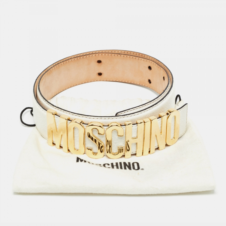 Pre Owned Moschino White Leather Classic Logo Waist Belt 