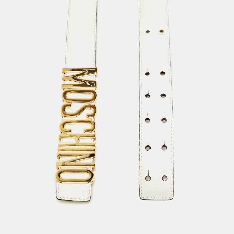 Pre Owned Moschino White Leather Classic Logo Waist Belt 