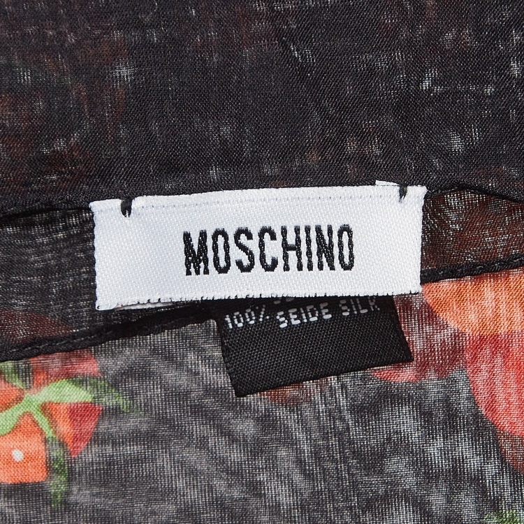 Pre Owned Moschino Larioseta Black Tomato/Cherry Printed Silk Scarf