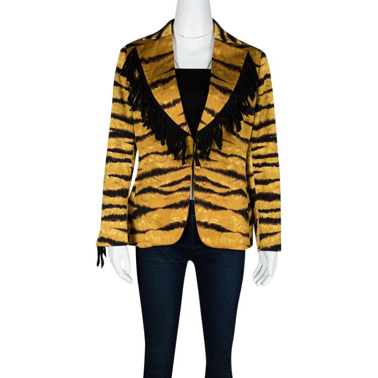 مملوكة مسبقًا Moschino Tiger Printed Cotton Contrast Fringe Detail Blazer L