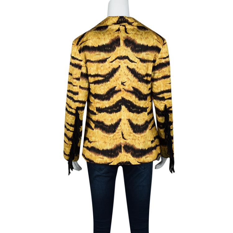 مملوكة مسبقًا Moschino Tiger Printed Cotton Contrast Fringe Detail Blazer L