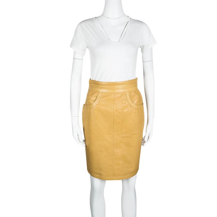 Pre Owned Moschino Mustard High Waist Leather Skirt M