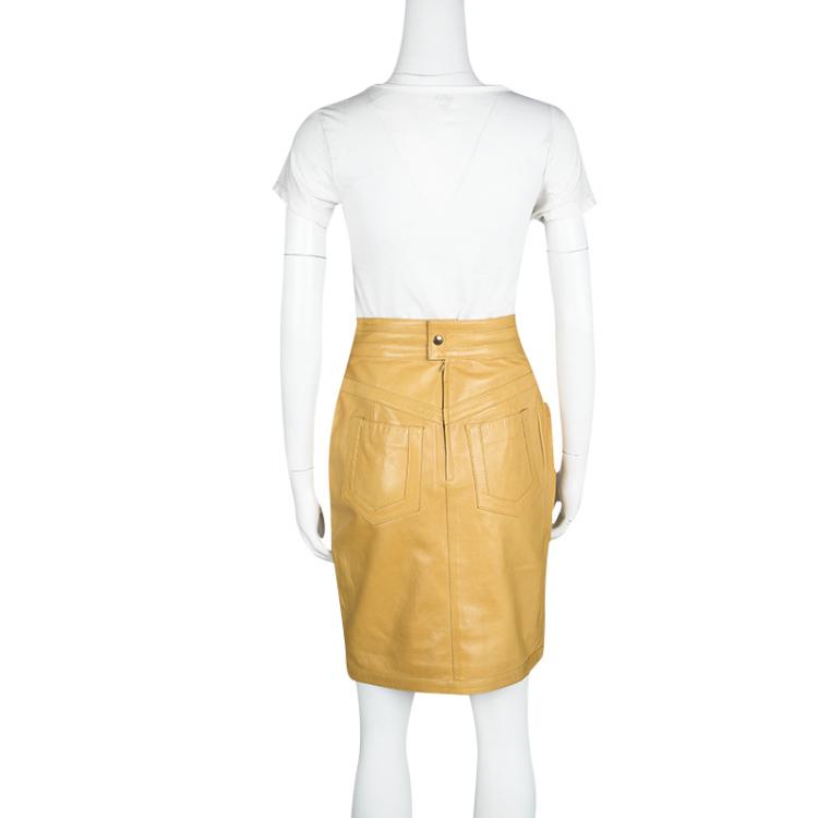 Pre Owned Moschino Mustard High Waist Leather Skirt M