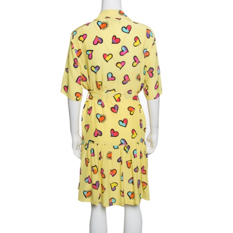 Pre Owned Boutique Moschino Yellow Heart Printed Silk Ruffle Front Drop Waist Dress M