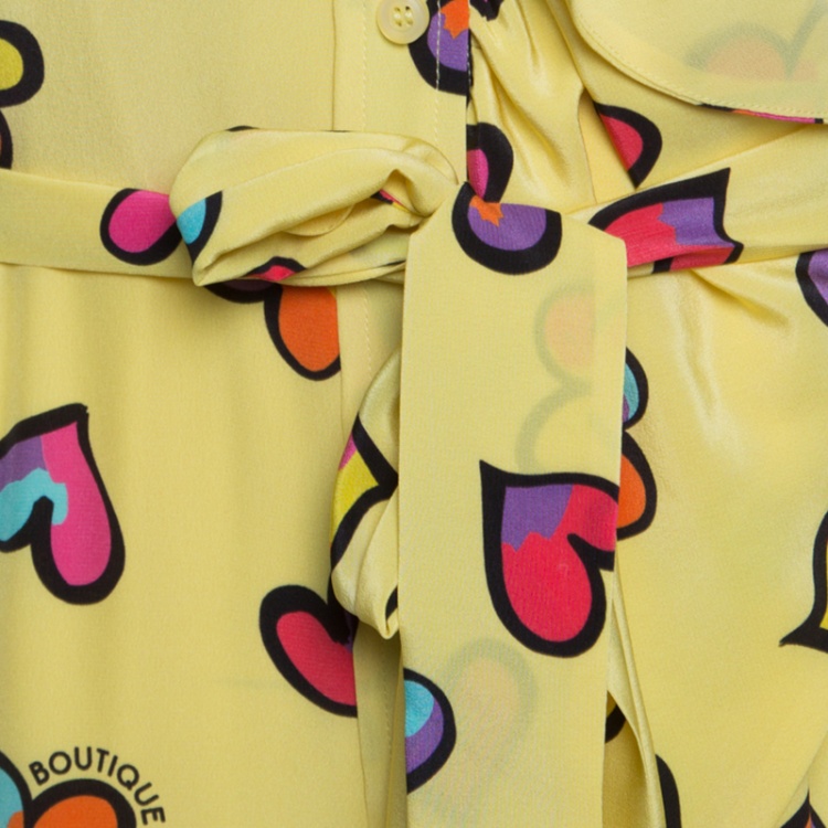 Pre Owned Boutique Moschino Yellow Heart Printed Silk Ruffle Front Drop Waist Dress M
