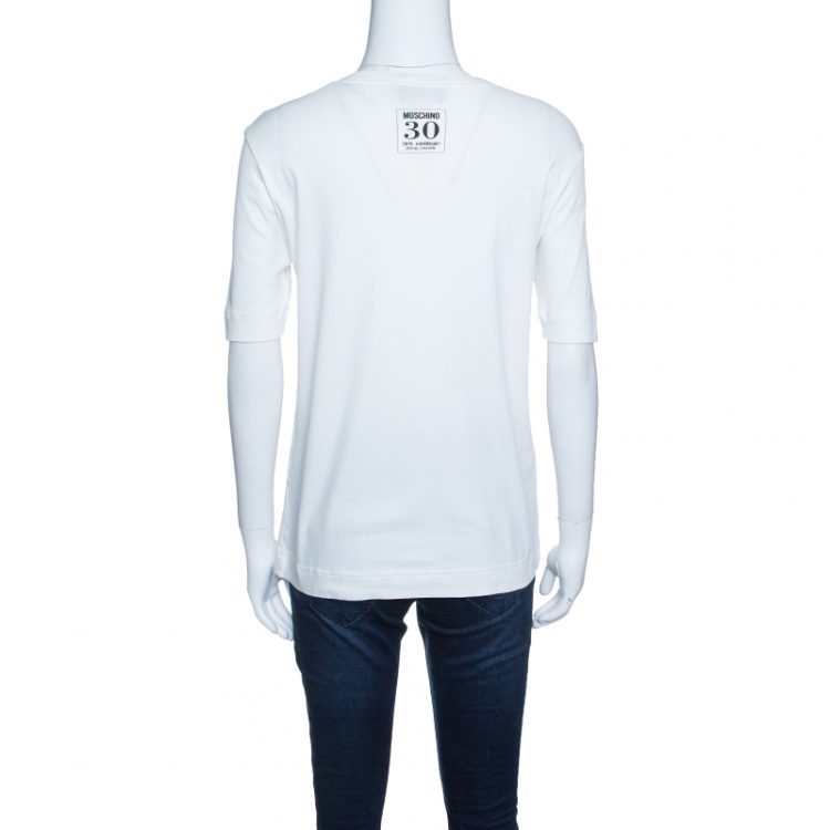 Pre Owned Moschino 30th Anniversary Off White Necklace and Slogan Print Cotton T-Shirt S