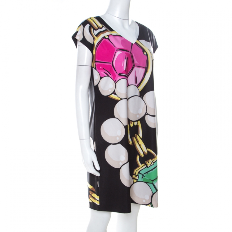 Pre Owned Boutique Moschino Multicolor Gem Printed Stretch Crepe Oversized Dress M 