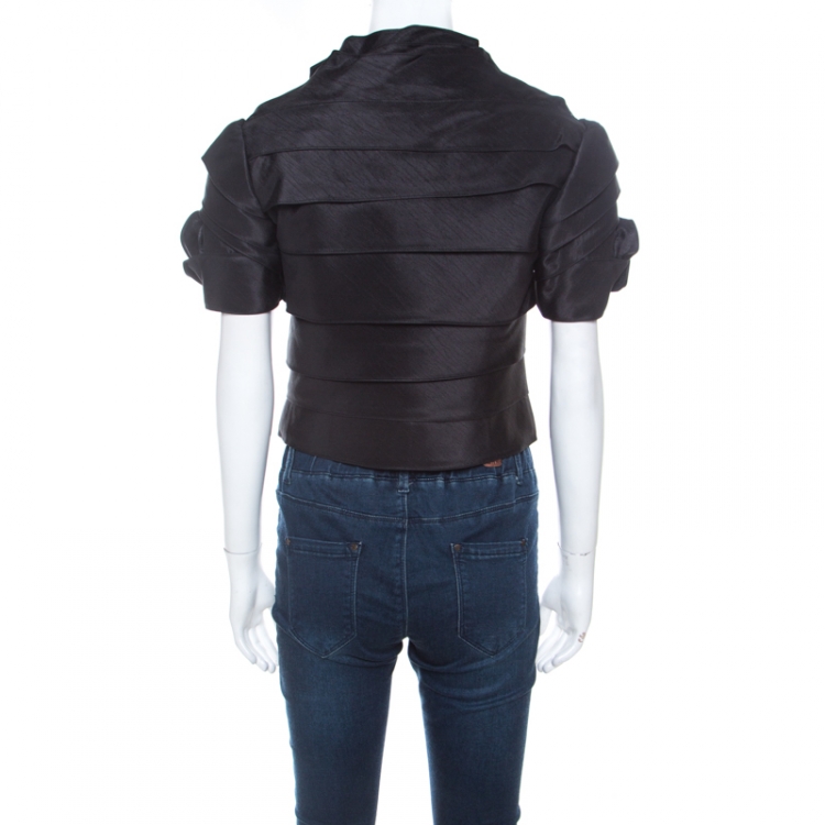 Pre Owned Moschino Black Ruffle Satin Crepe Short Sleeve Blouse  S