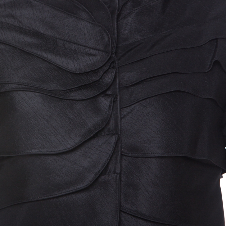 Pre Owned Moschino Black Ruffle Satin Crepe Short Sleeve Blouse  S