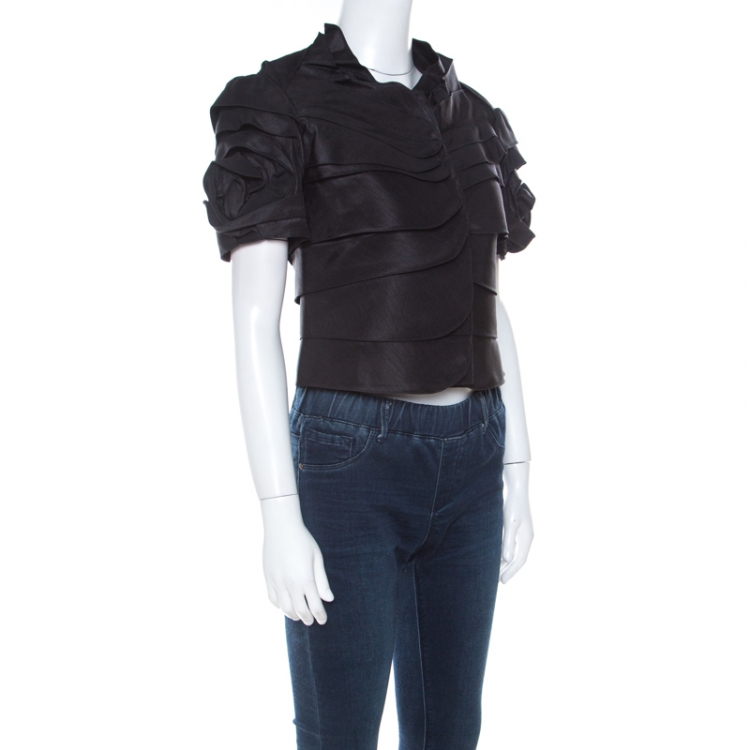 Pre Owned Moschino Black Ruffle Satin Crepe Short Sleeve Blouse  S