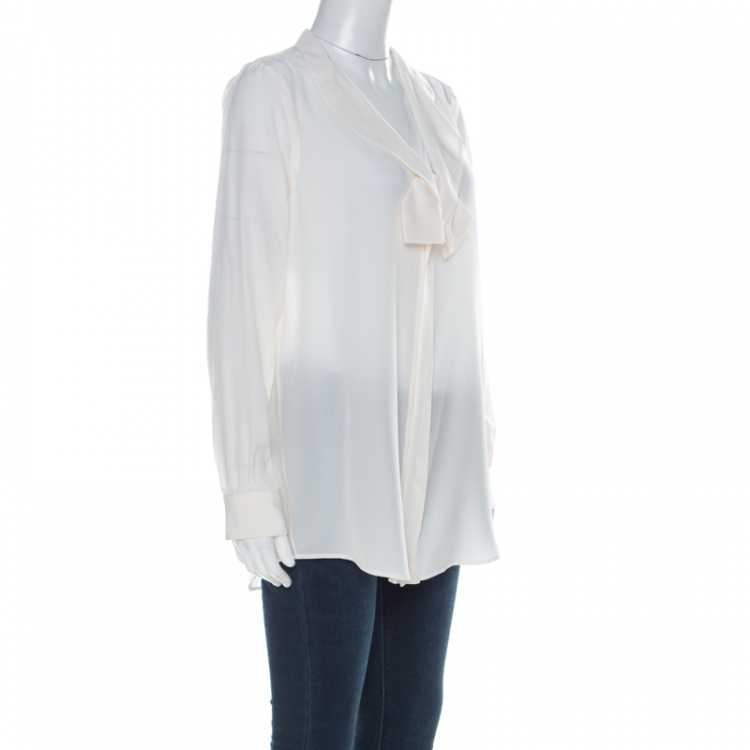 Pre Owned Moschino Cream Silk Crepe de Chine Bow Detail Long Sleeve Blouse M