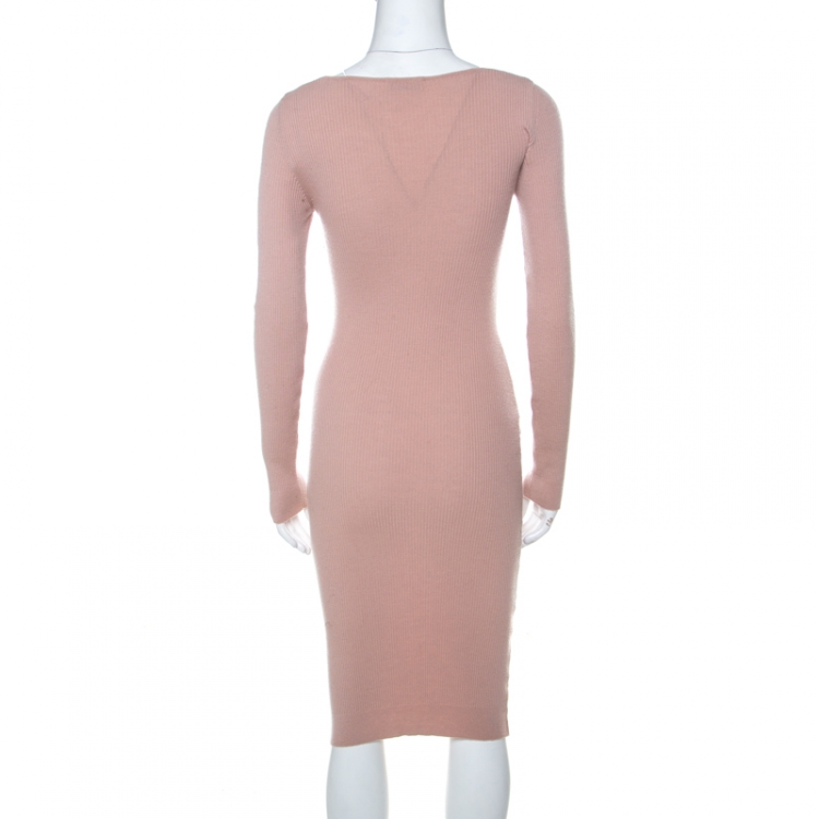 Pre Owned Moschino Dusty Pink Rib Knit Wrap Bodice Long Sleeve Midi Dress M