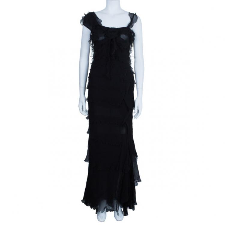 Pre Owned Moschino Black Tiered Silk Chiffon Gown M