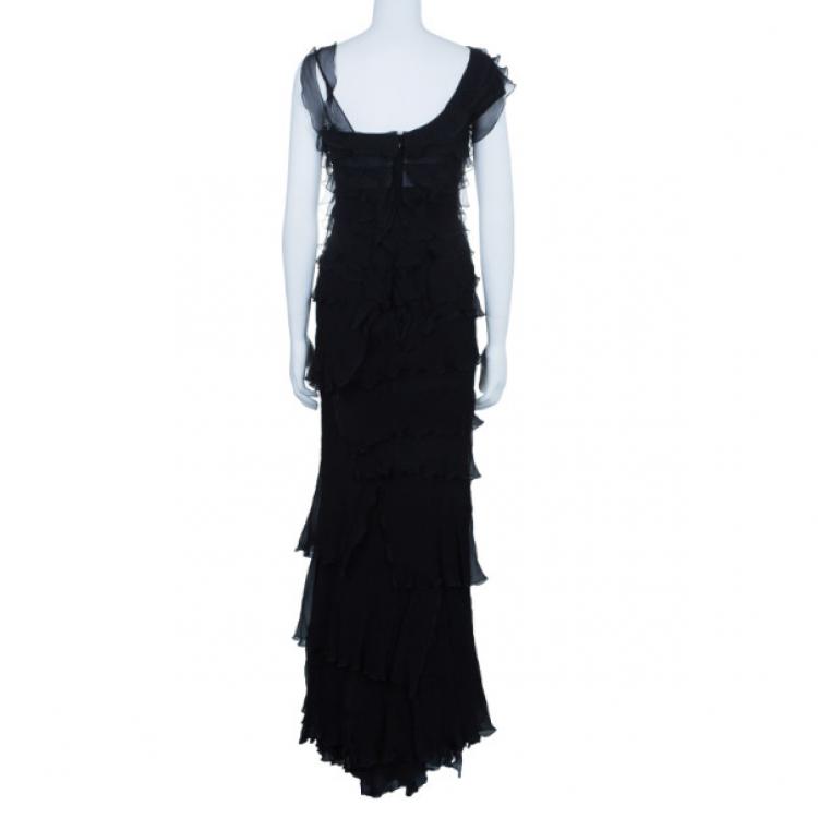 Pre Owned Moschino Black Tiered Silk Chiffon Gown M