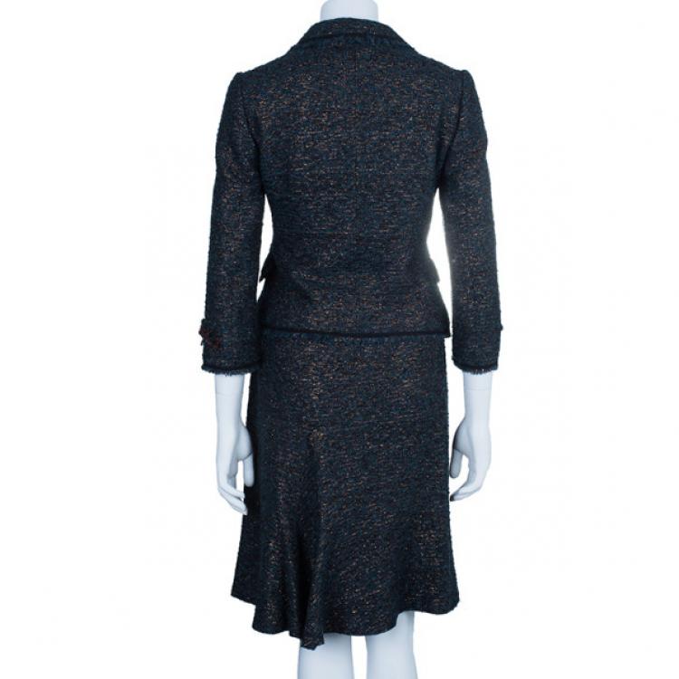 Pre Owned Moschino Navy Metallic Tweed Skirt Suit M