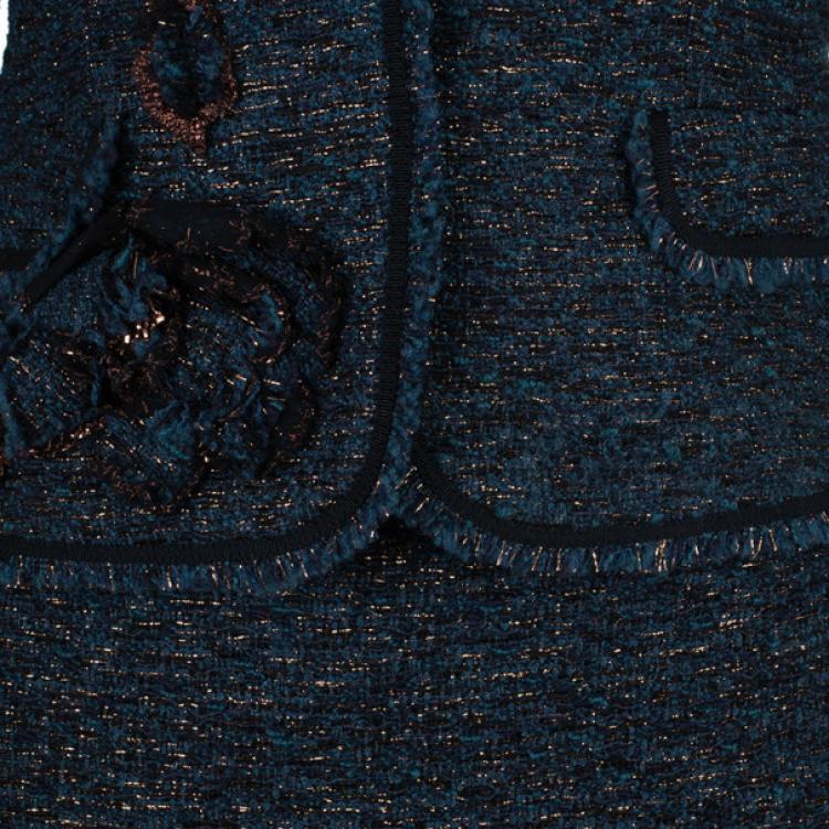 Pre Owned Moschino Navy Metallic Tweed Skirt Suit M