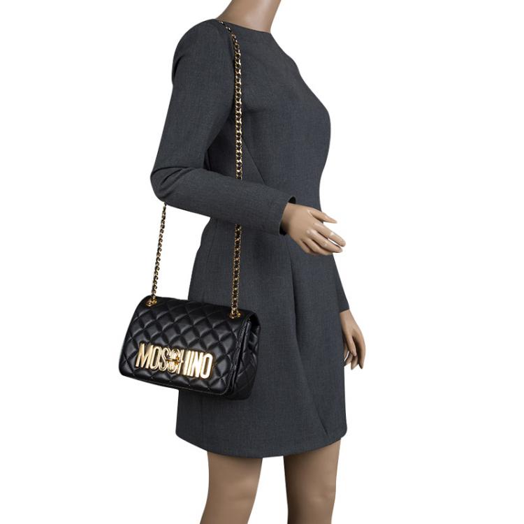 Pre Owned Moschino Black Quilted Leather Logo Flap Shoulder Bag