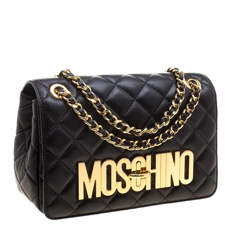 Pre Owned Moschino Black Quilted Leather Logo Flap Shoulder Bag