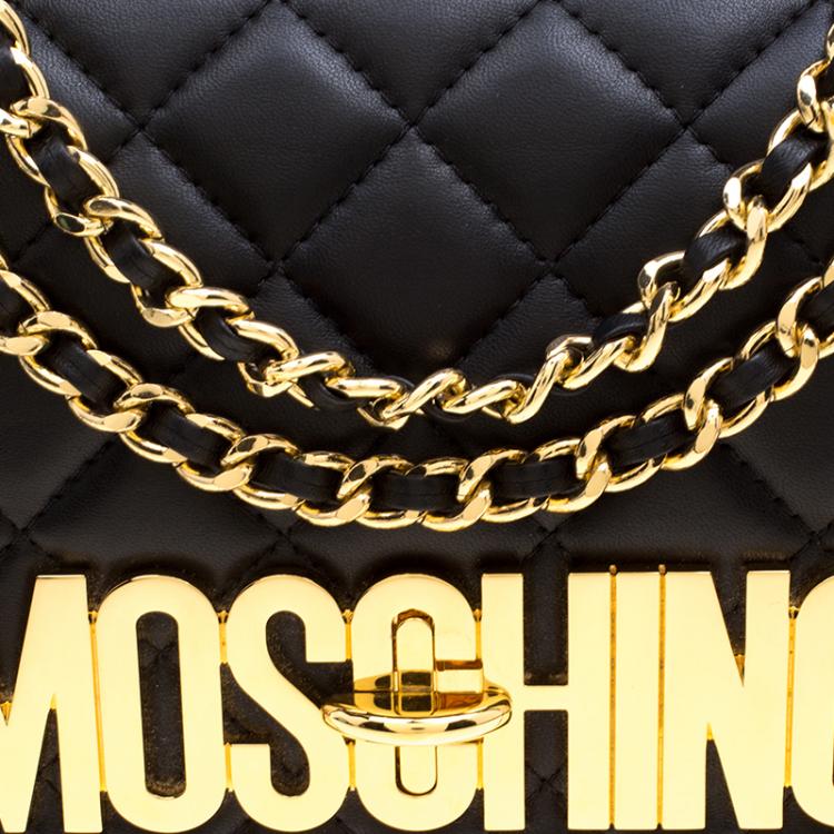 Pre Owned Moschino Black Quilted Leather Logo Flap Shoulder Bag