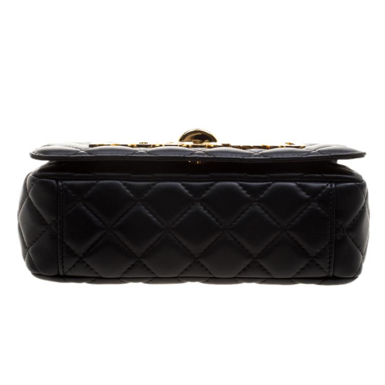 Pre Owned Moschino Black Quilted Leather Logo Flap Shoulder Bag