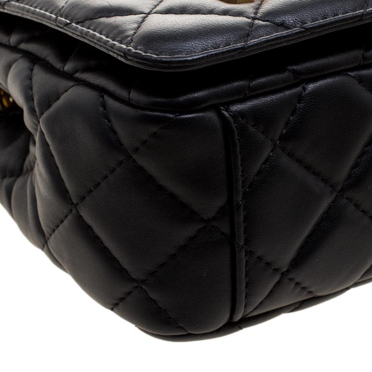Pre Owned Moschino Black Quilted Leather Logo Flap Shoulder Bag