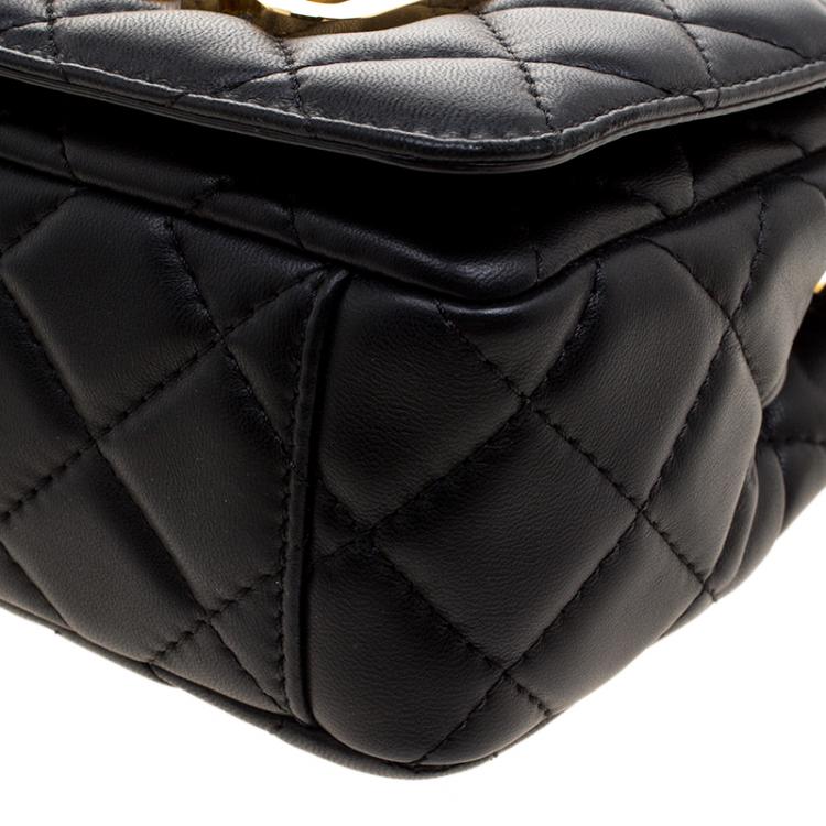 Pre Owned Moschino Black Quilted Leather Logo Flap Shoulder Bag