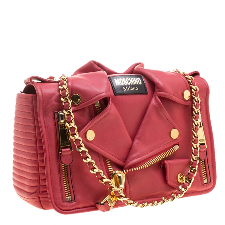 Pre Owned Moschino Coral Pink Leather Capsule Biker Jacket Shoulder Bag 