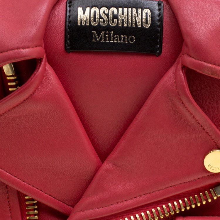 Pre Owned Moschino Coral Pink Leather Capsule Biker Jacket Shoulder Bag 