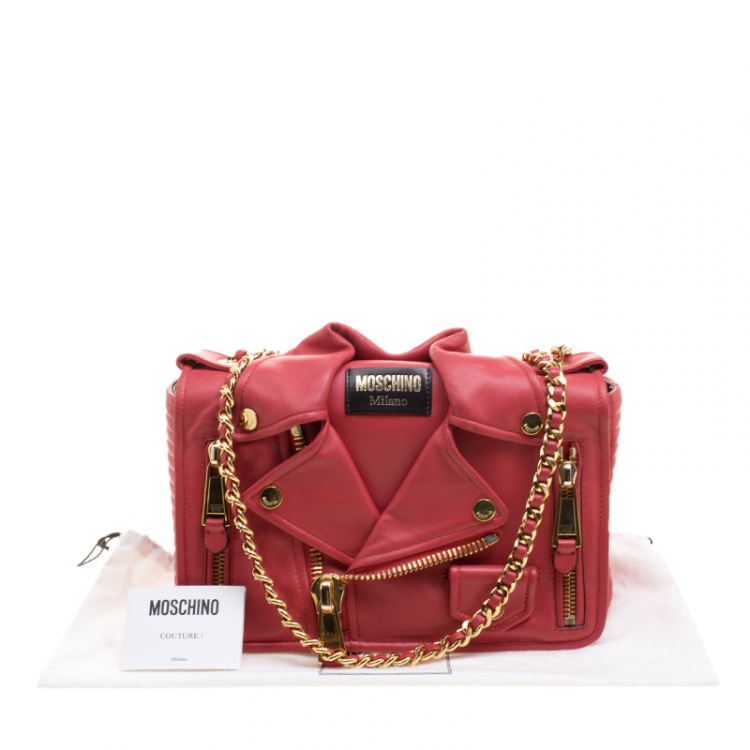 Pre Owned Moschino Coral Pink Leather Capsule Biker Jacket Shoulder Bag 