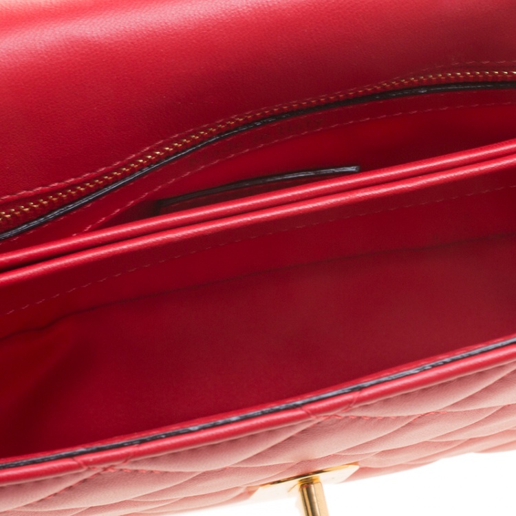 Pre Owned Moschino Red Quilted Leather Logo Flap Shoulder Bag