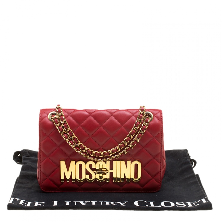 Pre Owned Moschino Red Quilted Leather Logo Flap Shoulder Bag
