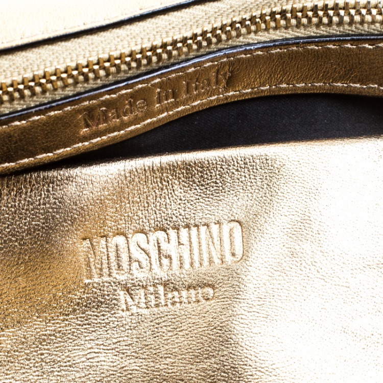 Pre Owned Moschino Gold Leather Large Capsule Biker Jacket Shoulder Bag 