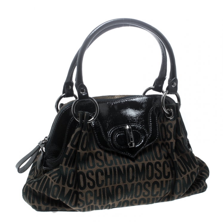 Pre Owned Moschino Dark Brown Signature Canvas and Patent Leather Satchel
