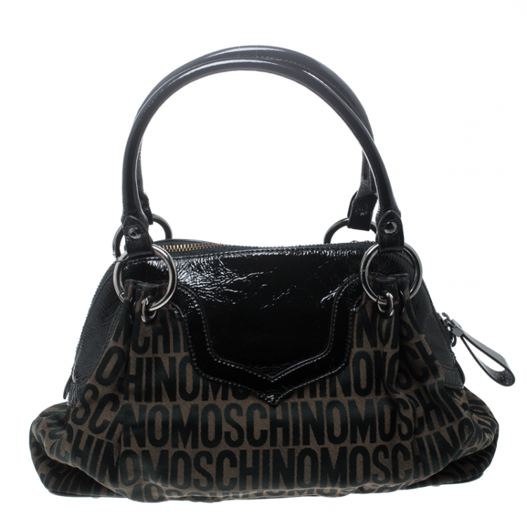 Pre Owned Moschino Dark Brown Signature Canvas and Patent Leather Satchel