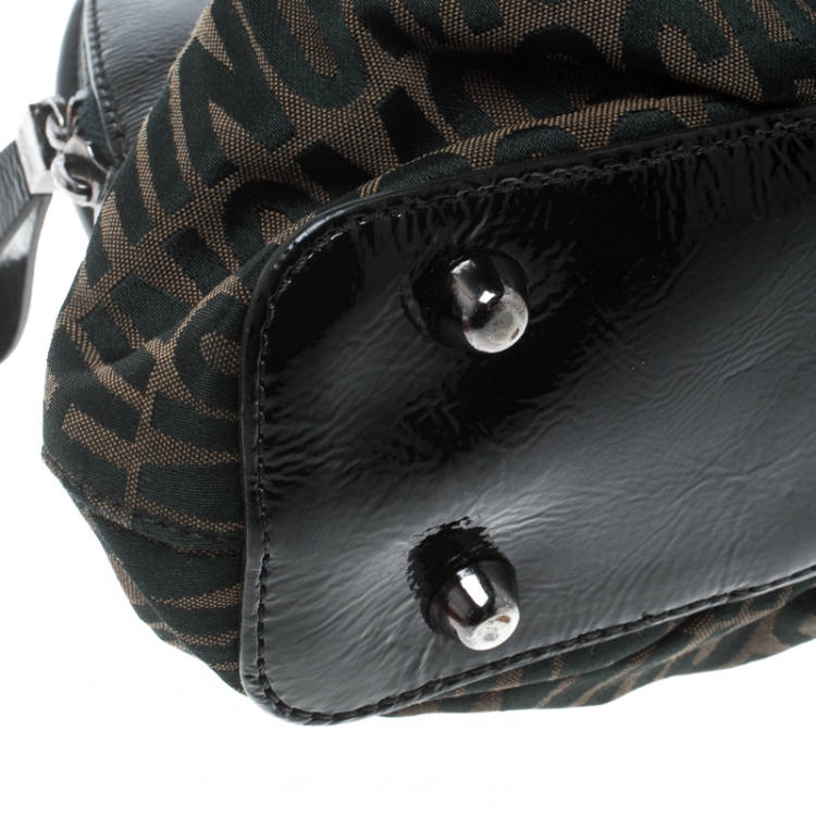 Pre Owned Moschino Dark Brown Signature Canvas and Patent Leather Satchel