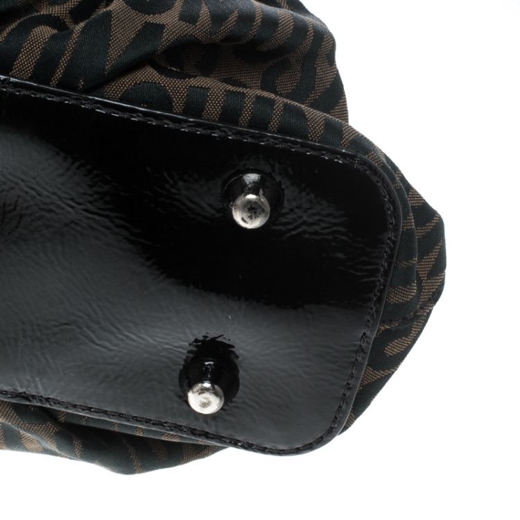 Pre Owned Moschino Dark Brown Signature Canvas and Patent Leather Satchel