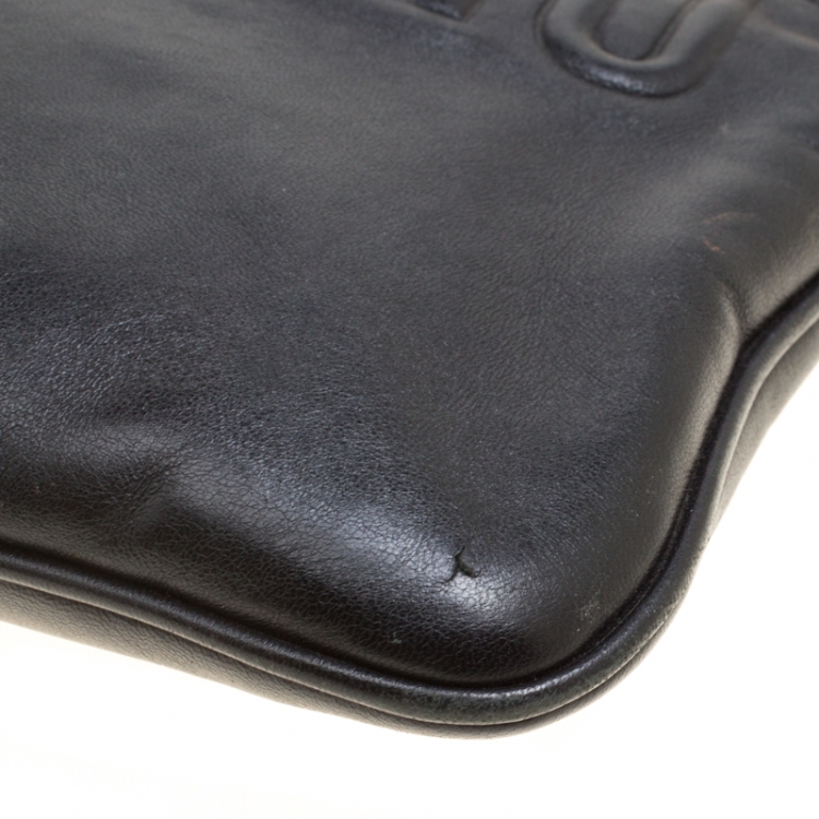 Pre Owned Moschino Black Leather Logo Embossed Wristlet Pouch