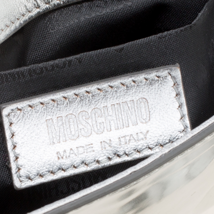 Pre Owned Moschino Silver Laminated Leather Crystal Embellished Shoulder Bag