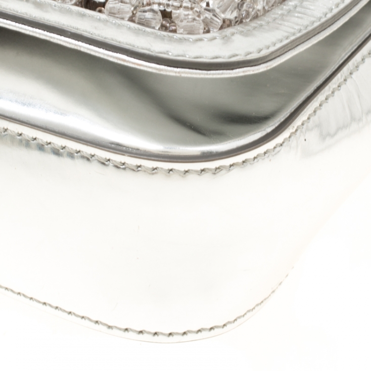 Pre Owned Moschino Silver Laminated Leather Crystal Embellished Shoulder Bag