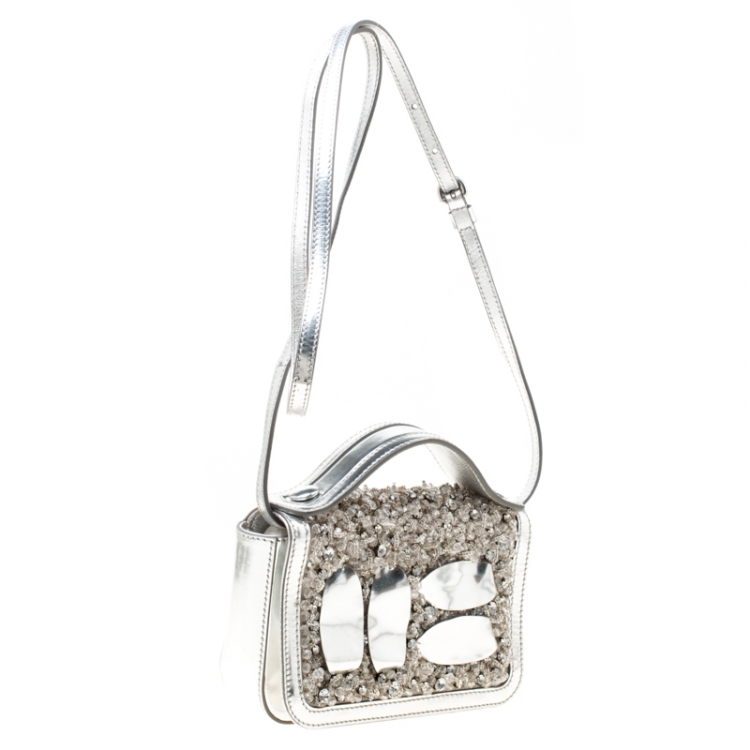 Pre Owned Moschino Silver Laminated Leather Crystal Embellished Shoulder Bag