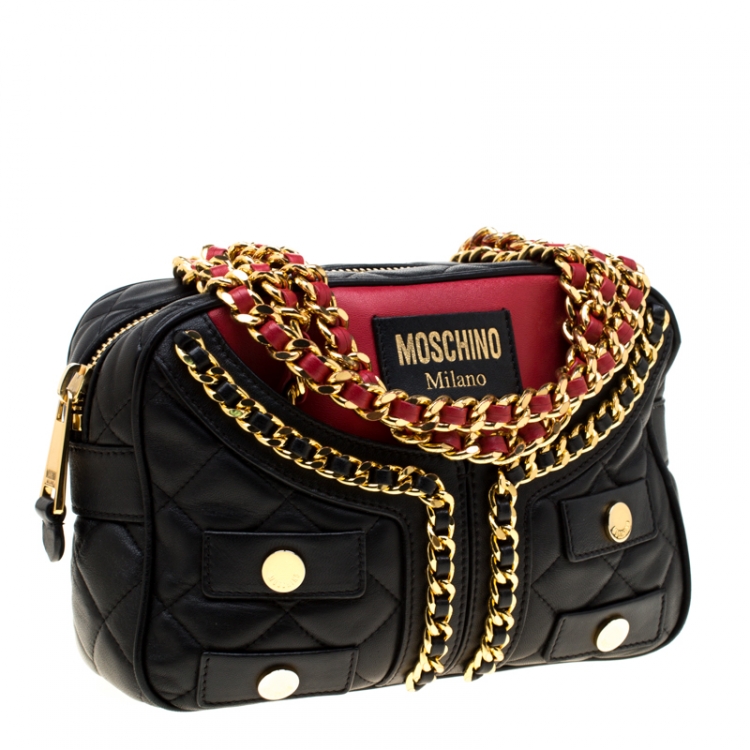 Pre Owned Moschino Red/Black Quilted Leather Jacket Shoulder Bag
