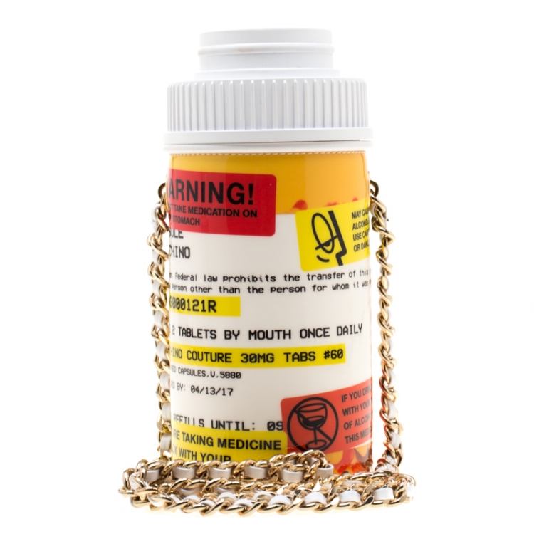 Pre Owned Moschino White Capsule Patent Leather Pill Bottle Crossbody Bag