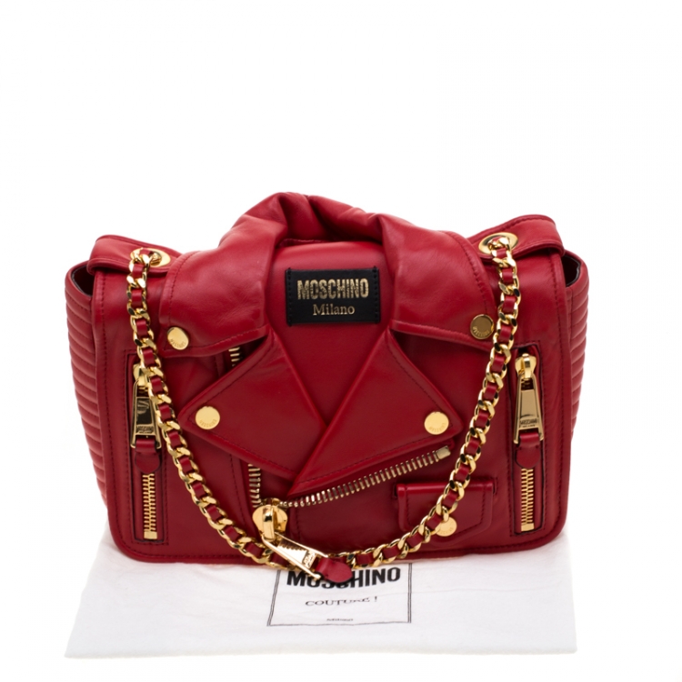 Pre Owned Moschino Red Leather Capsule Biker Jacket Shoulder Bag 