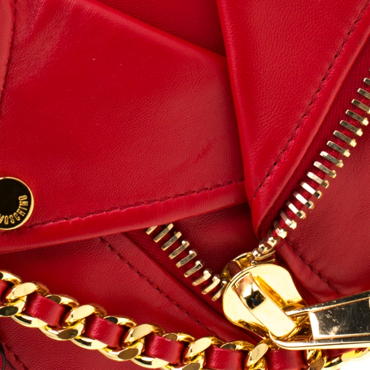 Pre Owned Moschino Red Leather Capsule Biker Jacket Shoulder Bag 
