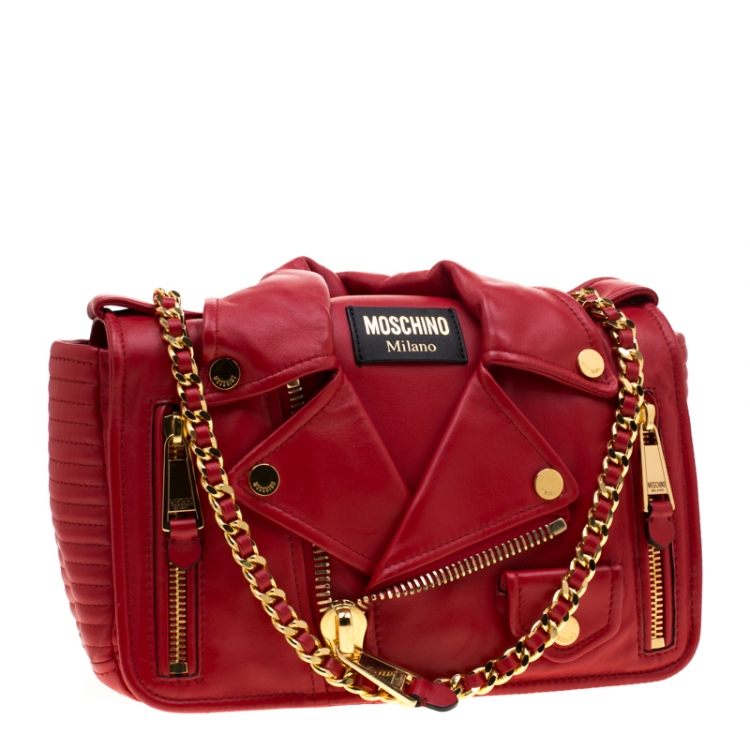 Pre Owned Moschino Red Leather Capsule Biker Jacket Shoulder Bag 