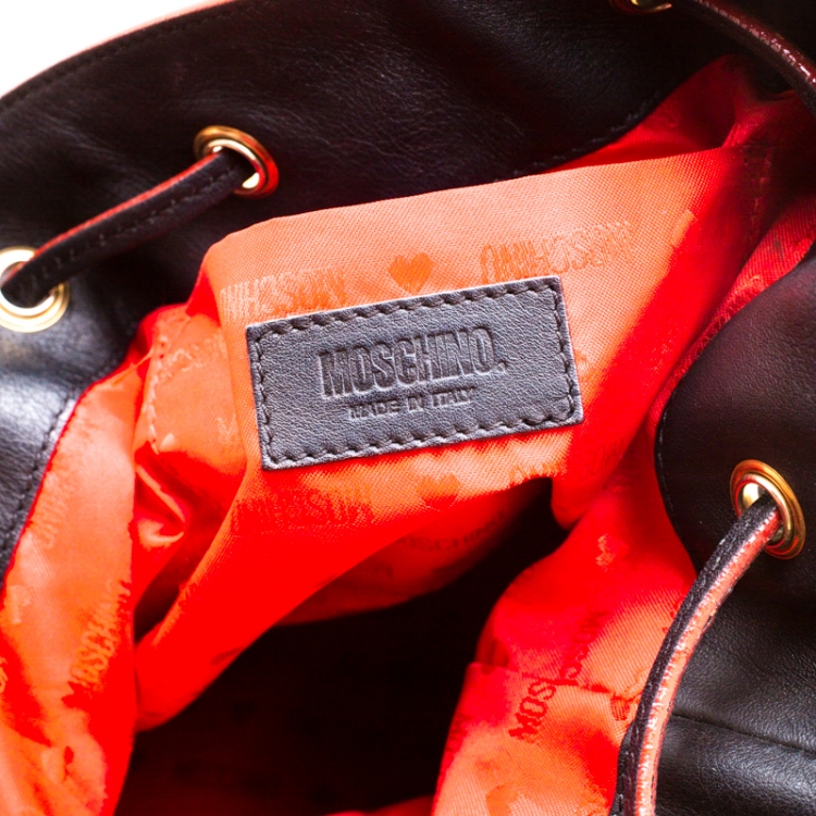 Pre Owned Moschino Black Leather Logo Drawstring Bucket  Bag
