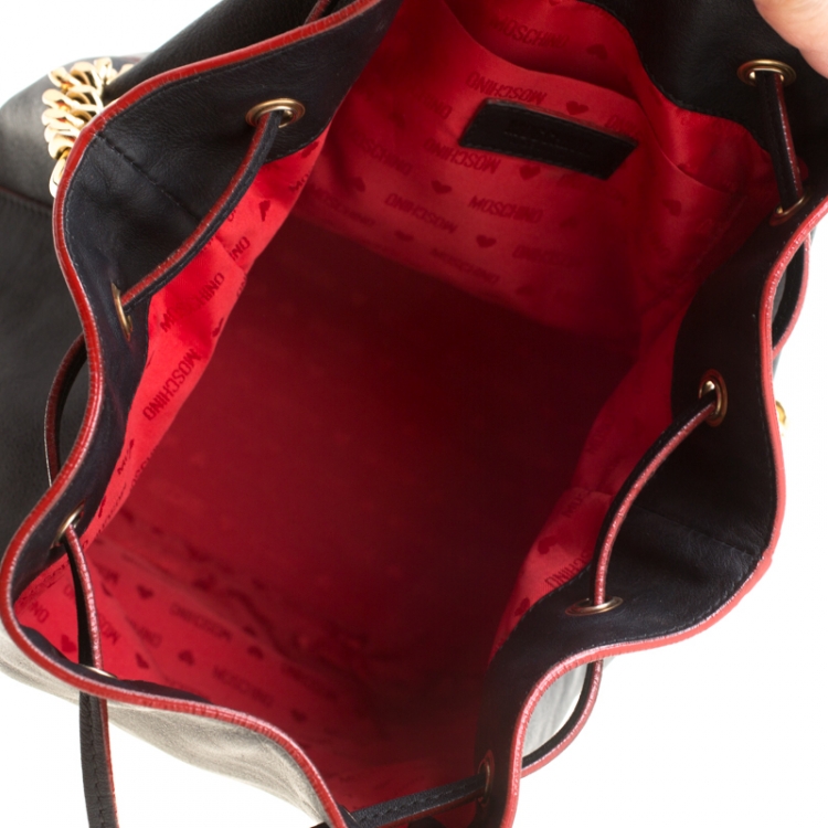 Pre Owned Moschino Black Leather Logo Drawstring Bucket  Bag
