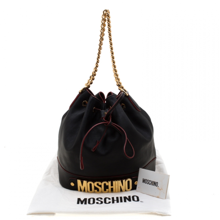 Pre Owned Moschino Black Leather Logo Drawstring Bucket  Bag