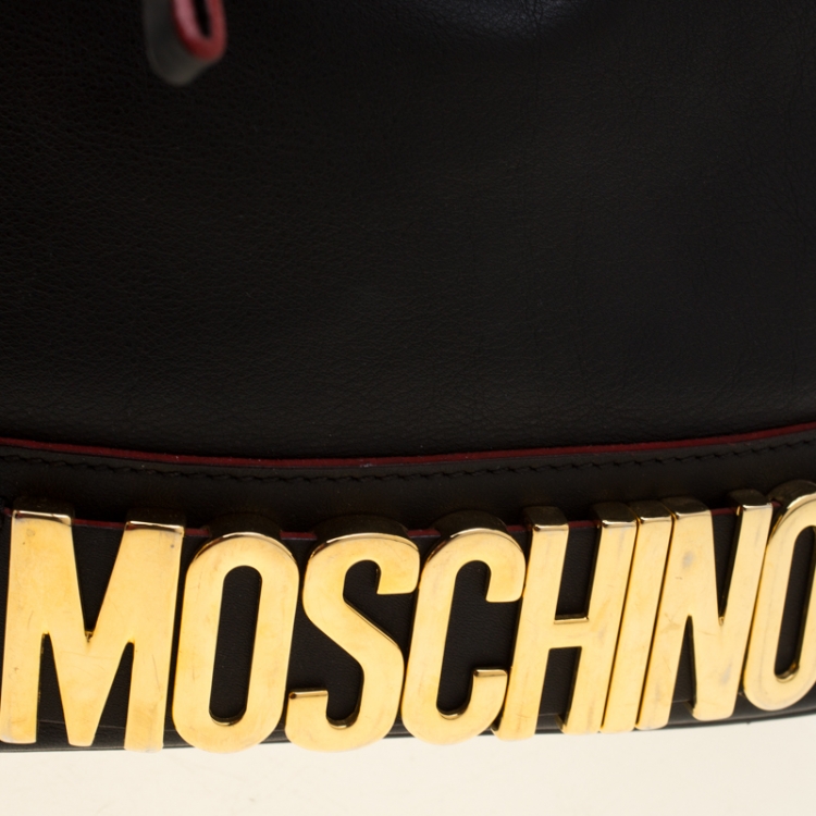 Pre Owned Moschino Black Leather Logo Drawstring Bucket  Bag