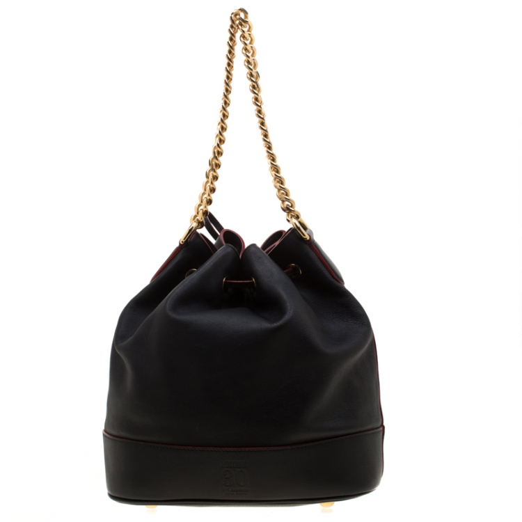 Pre Owned Moschino Black Leather Logo Drawstring Bucket  Bag